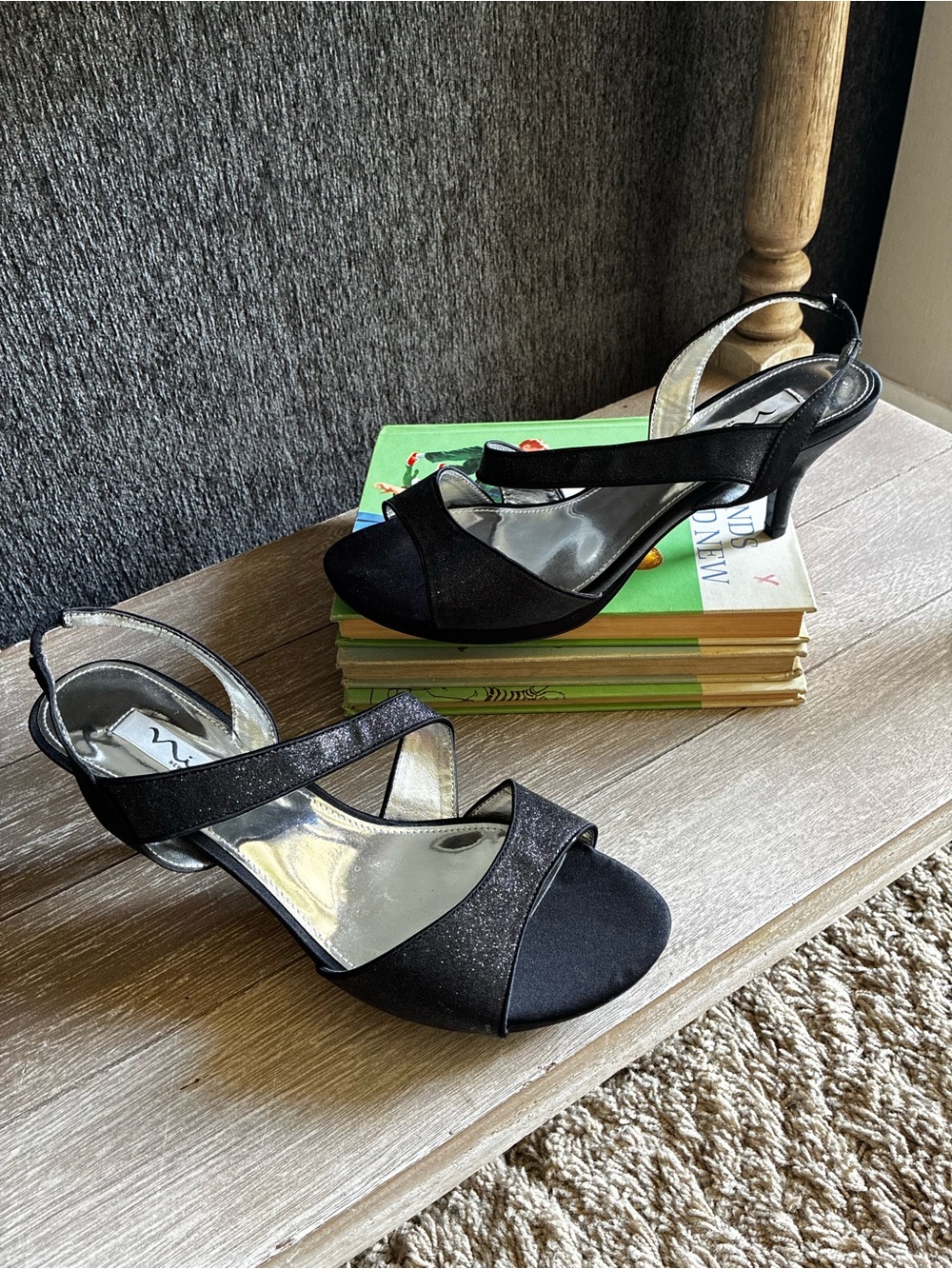 Nina Black Open-Toe Slingback Heels with Cross Straps